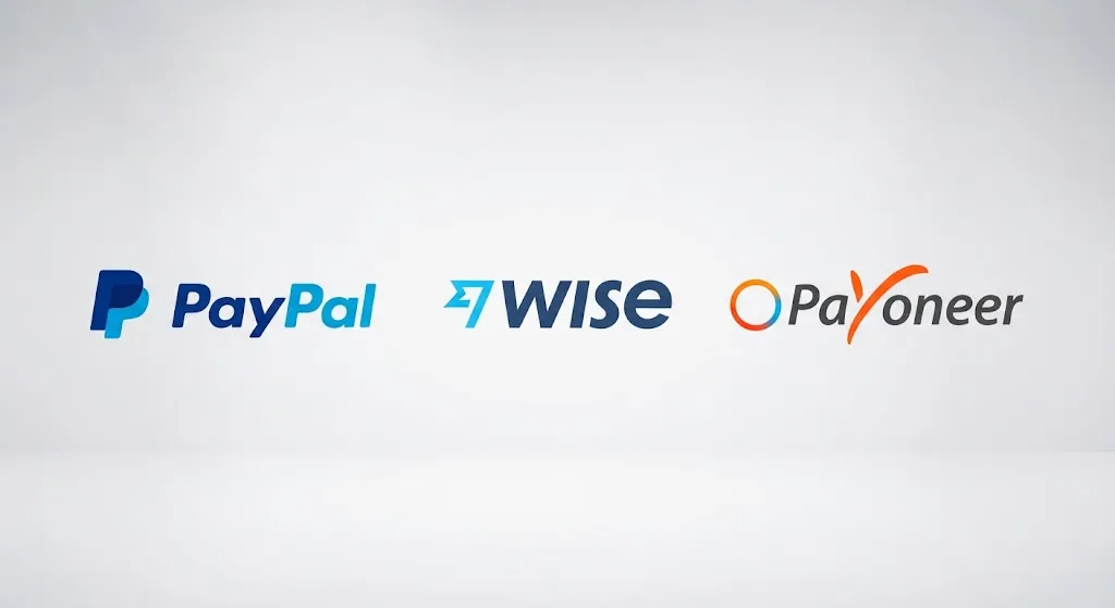 Corporate logos of PayPal, Wise, and Payoneer aligned horizontally against a clean, bright light background.
