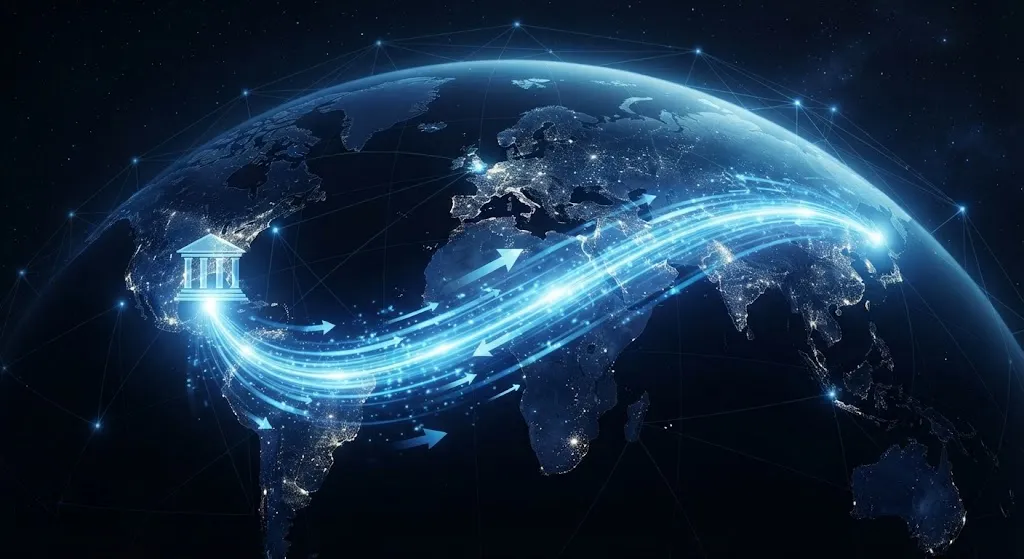 A glowing digital world map at night showing bright streams of data lines and arrow icons flowing between continents from a bank building icon.