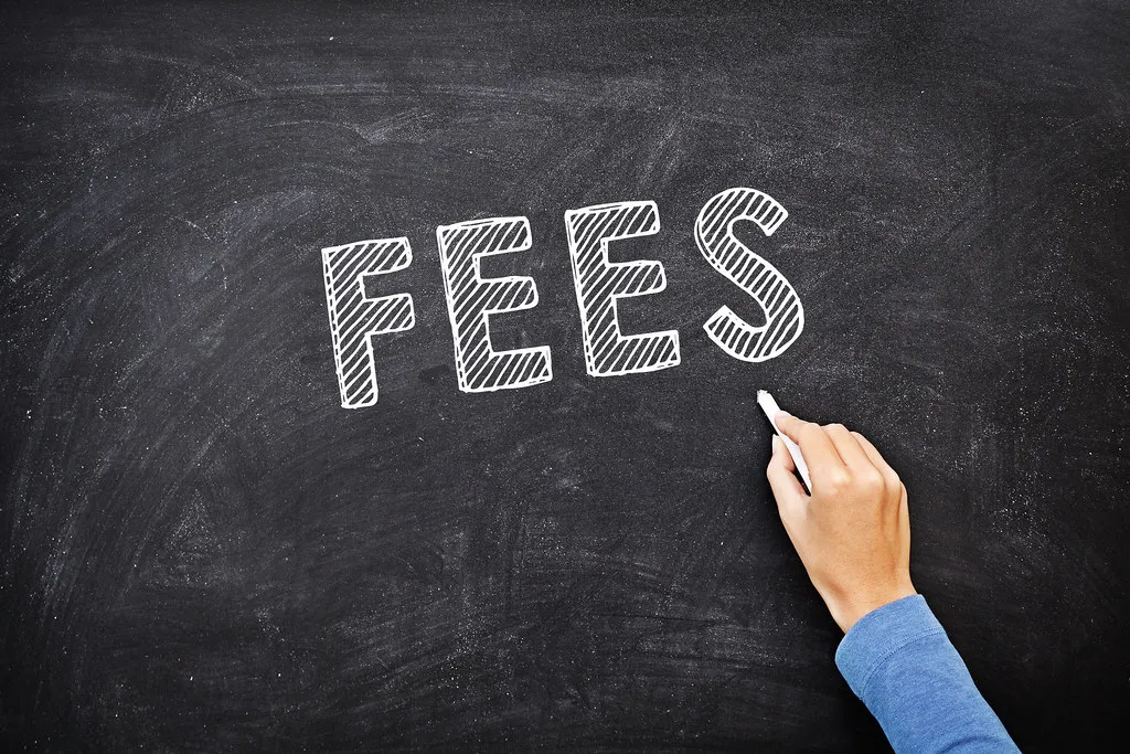 A hand holding a white piece of chalk writing the word "FEES" in bold, hatched capital letters on a dark chalkboard.