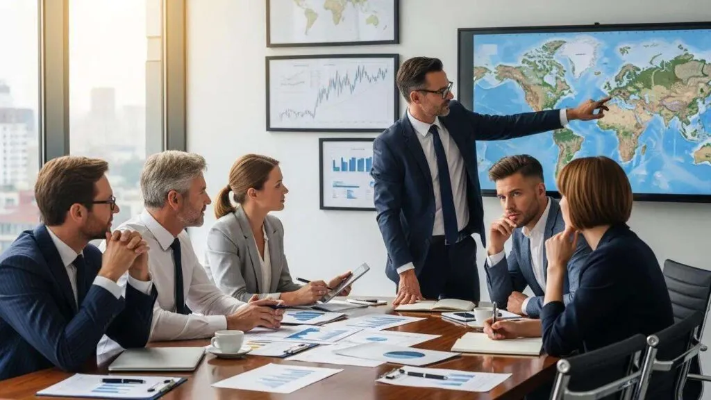 Current image: A businessman in a suit pointing at a world map on a digital display screen during a corporate meeting with colleagues seated around a conference table.