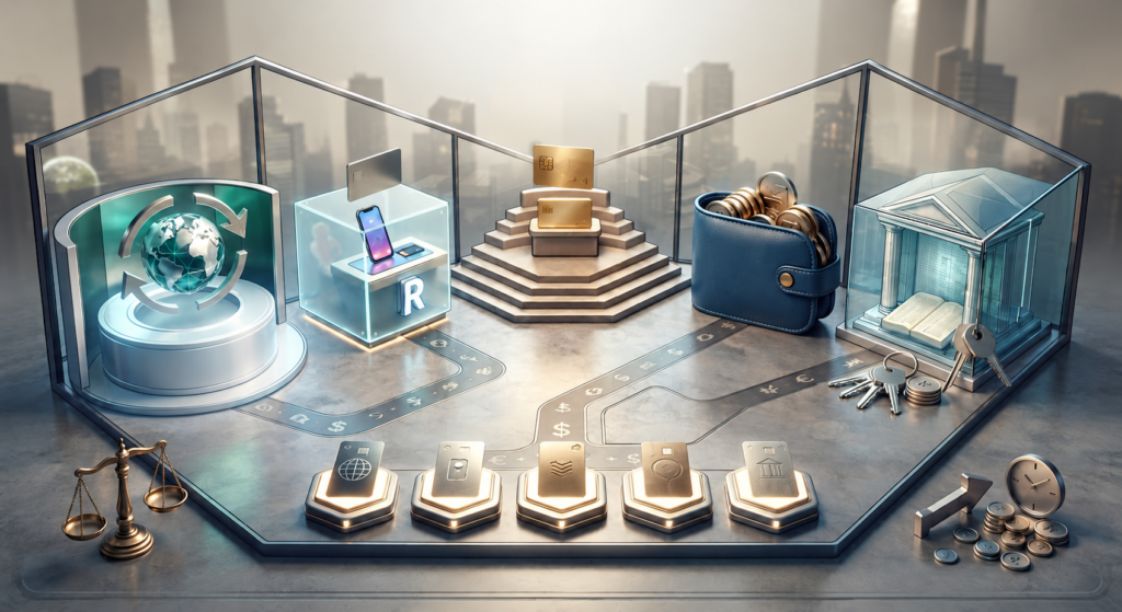 3D conceptual illustration of a multi-currency financial ecosystem featuring glowing global icons, digital banking displays, gold credit cards, a blue wallet filled with coins, a miniature bank building, and currency symbols connected by pathways against a blurred city skyline background.